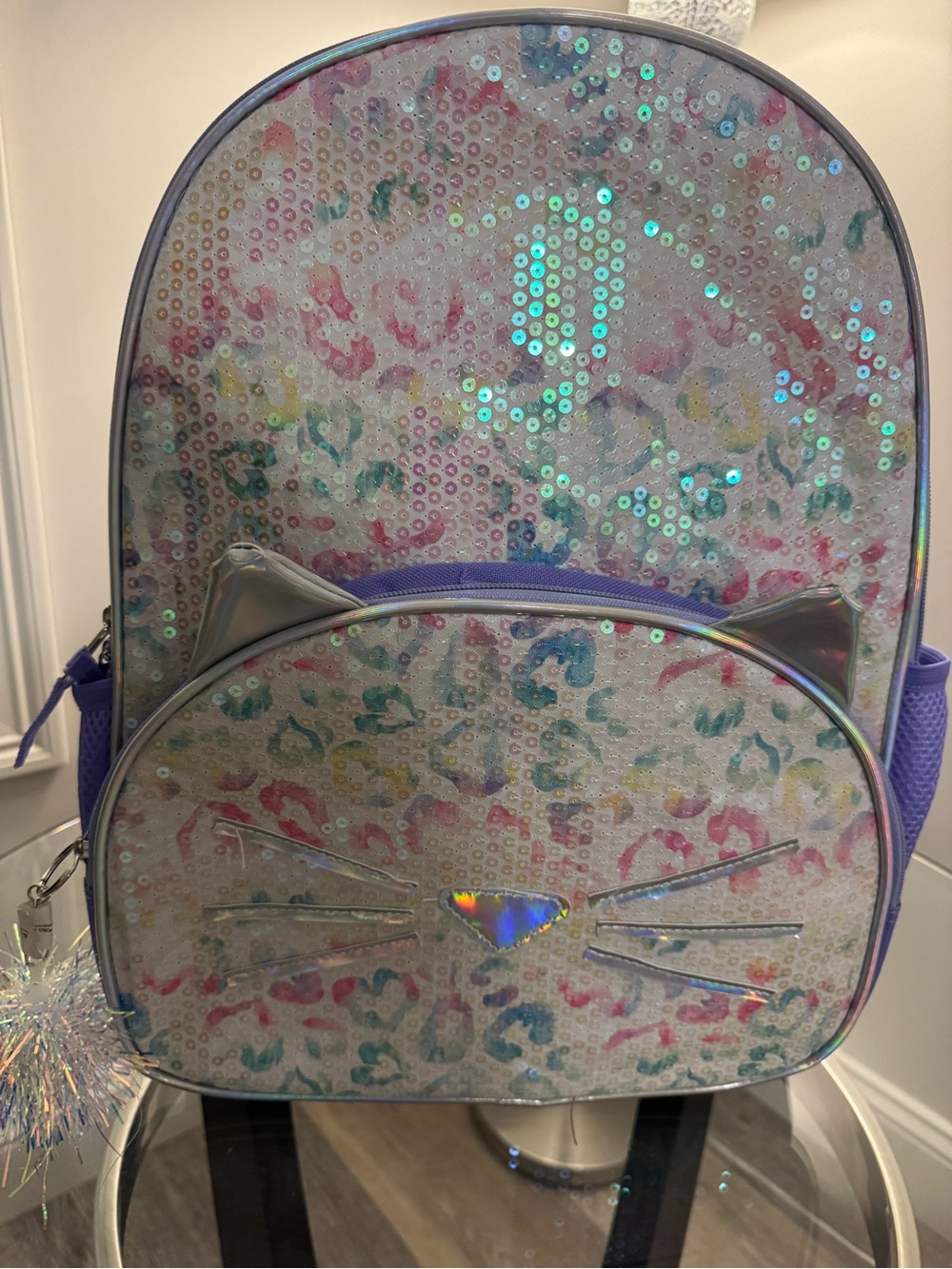 Kids Iridescent Sequin Cat Backpack - Purple Accent